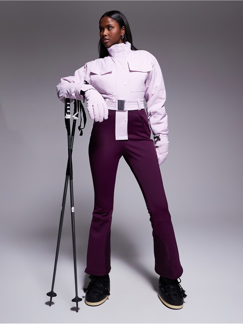 ASOS 4505 Ski colorblock funnel neck belted kick flare ski suit in pink and plum